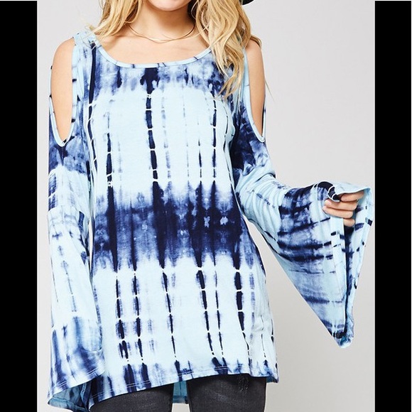 NEW Unique Blue Tie-Dye Top Cold Shoulder Promesa - Picture 3 of 6